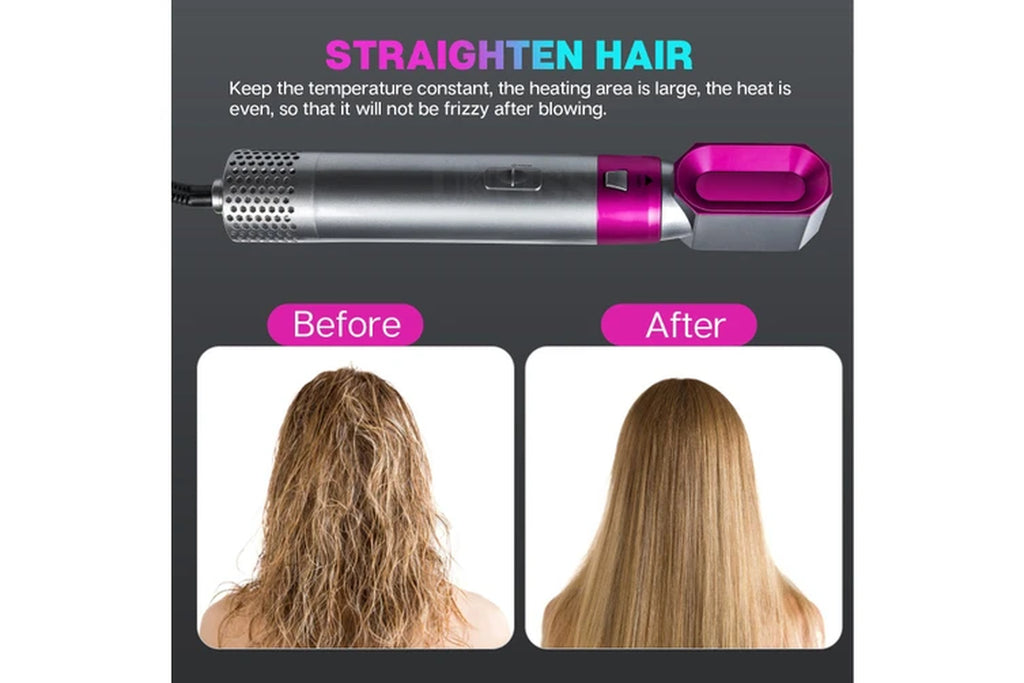 Electric Hair Straightener Hair Dryer 5 in 1 Curler Automatic Hair Straightener Hair Dryer Brush Dry and Wet Hair Curler Set - Pink