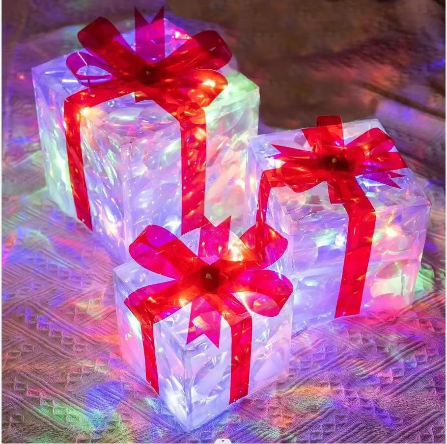 3Pcs Light up Gift Boxes Glowing Decoration Folding Box with Bow LED Lighting Luminous Christmas Party Desktop Present Ornament