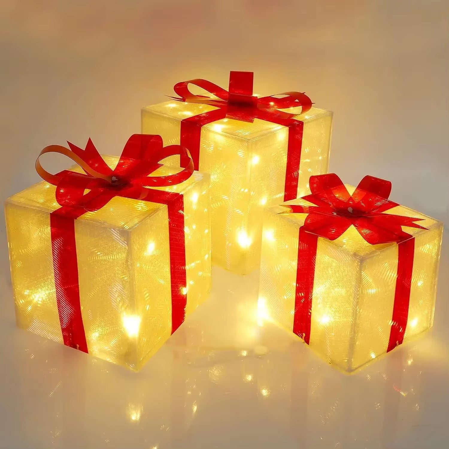 3Pcs Light up Gift Boxes Glowing Decoration Folding Box with Bow LED Lighting Luminous Christmas Party Desktop Present Ornament