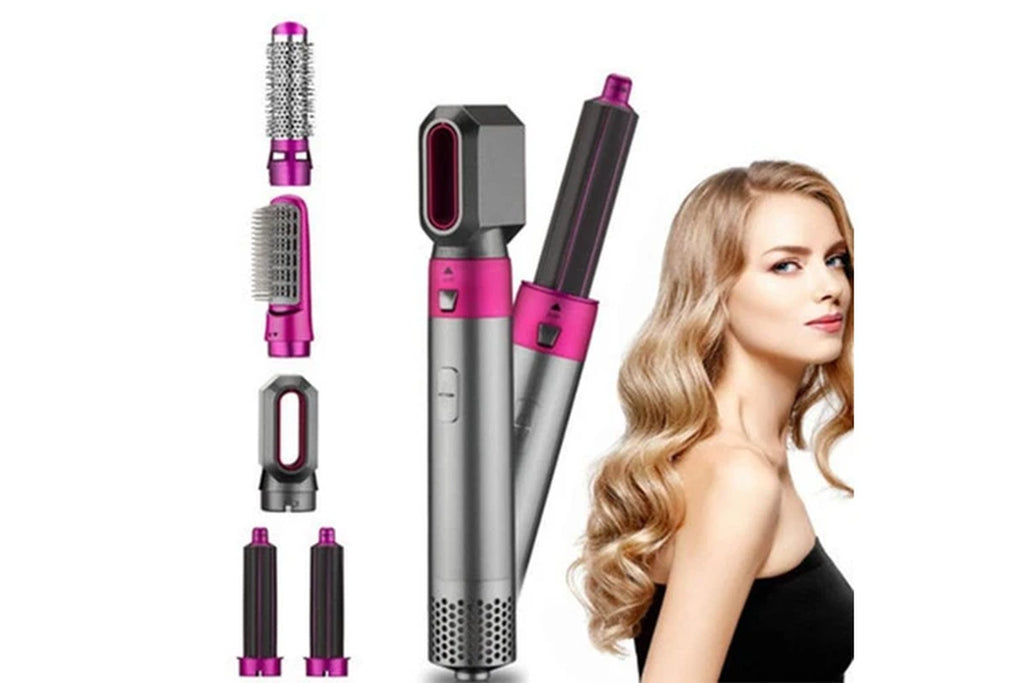 Electric Hair Straightener Hair Dryer 5 in 1 Curler Automatic Hair Straightener Hair Dryer Brush Dry and Wet Hair Curler Set - Pink