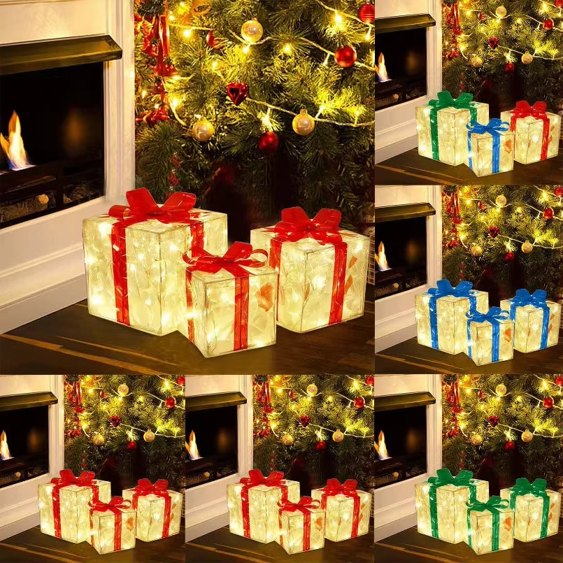 3Pcs Light up Gift Boxes Glowing Decoration Folding Box with Bow LED Lighting Luminous Christmas Party Desktop Present Ornament