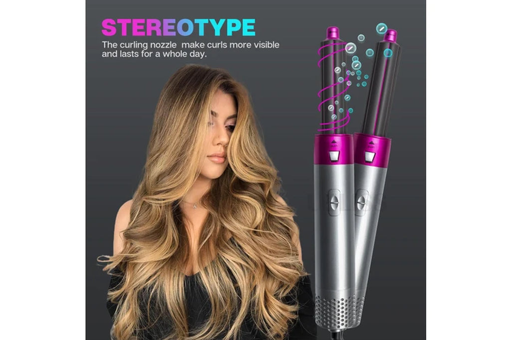 Electric Hair Straightener Hair Dryer 5 in 1 Curler Automatic Hair Straightener Hair Dryer Brush Dry and Wet Hair Curler Set - Pink