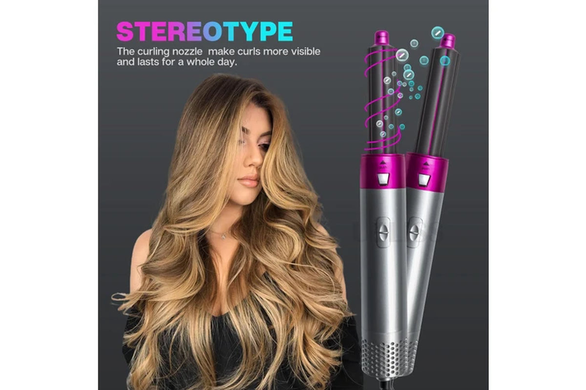 Electric Hair Straightener Hair Dryer 5 in 1 Curler Automatic Hair Straightener Hair Dryer Brush Dry and Wet Hair Curler Set - Pink