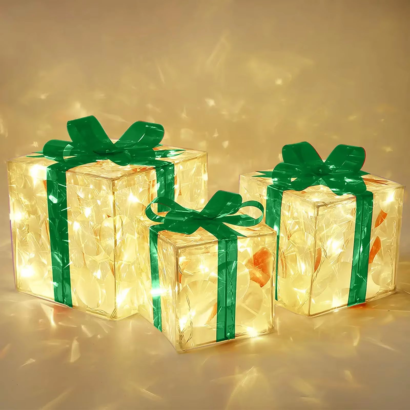 3Pcs Light up Gift Boxes Glowing Decoration Folding Box with Bow LED Lighting Luminous Christmas Party Desktop Present Ornament
